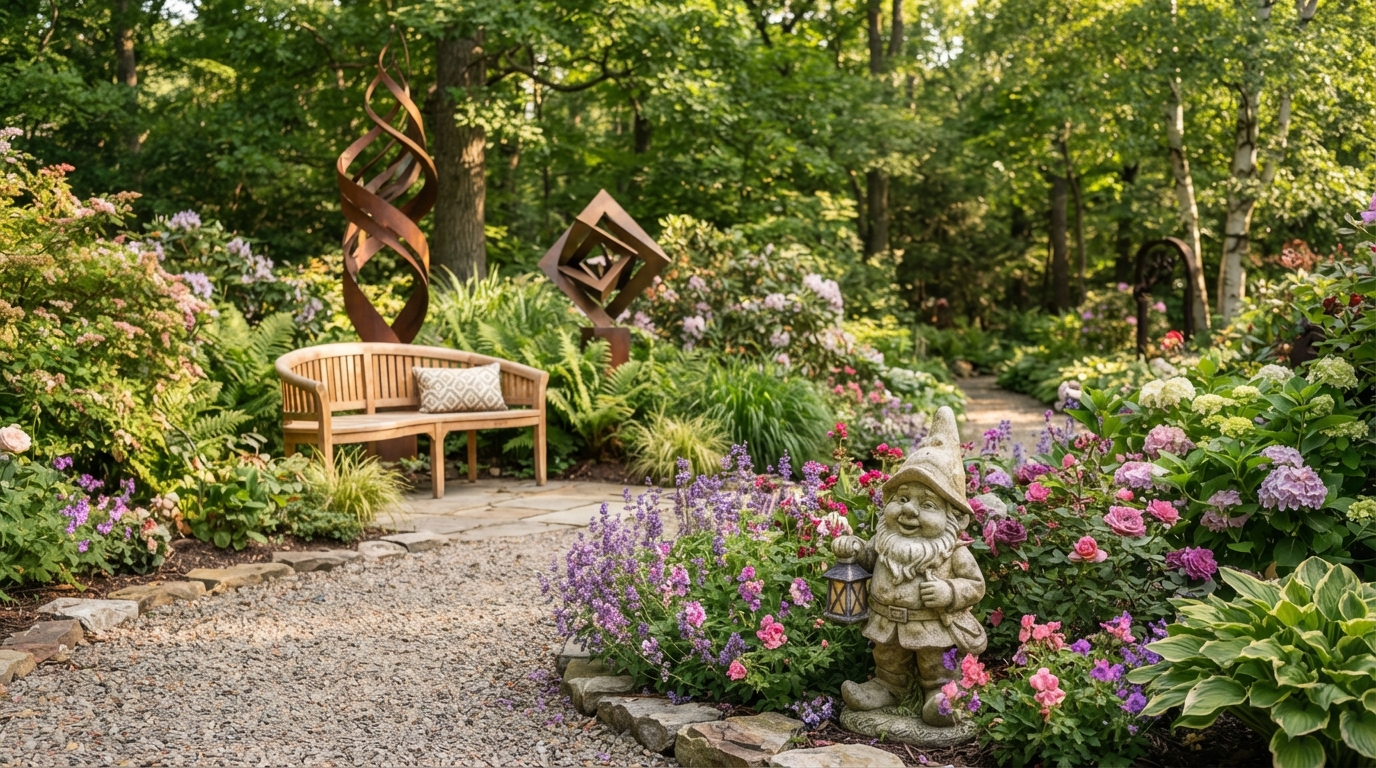A beautifully landscaped garden showcasing an array of garden sculptures that harmonize with the natural environment. In the foreground, a serene stone figure of a classic garden gnome sits beside vibrant flowers, illustrating whimsical charm. The middle ground features an elegant wooden bench complemented by abstract metal art sculptures, suggesting modern design intertwined with classic elements. In the background, lush greenery and blooming shrubs create a tranquil backdrop under soft, natural sunlight. The lighting is warm, casting gentle shadows around the sculptures, enhancing their textures. The atmosphere is peaceful and inviting, perfect for a garden setting, reflecting the theme of carefully selecting decorative elements to enhance the garden’s overall style.