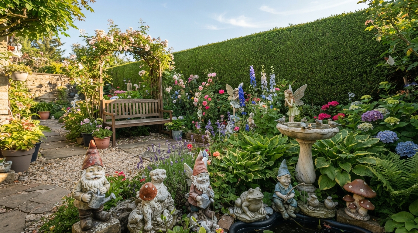 A serene garden setting featuring a variety of decorative garden figures. In the foreground, display intricately designed ceramic gnomes, a whimsical stone frog, and a graceful birdbath, all showcasing natural colors and fine details. In the middle ground, include a wooden bench beside a small flower bed, with a couple of charming fairy statues peeking through the flowers. The background should feature tall green hedges and a clear blue sky, allowing soft, warm sunlight to illuminate the scene, creating a peaceful and inviting atmosphere. Use a wide-angle lens perspective to capture the overall garden charm and make it inviting, with sharp focus on the decorative figures.